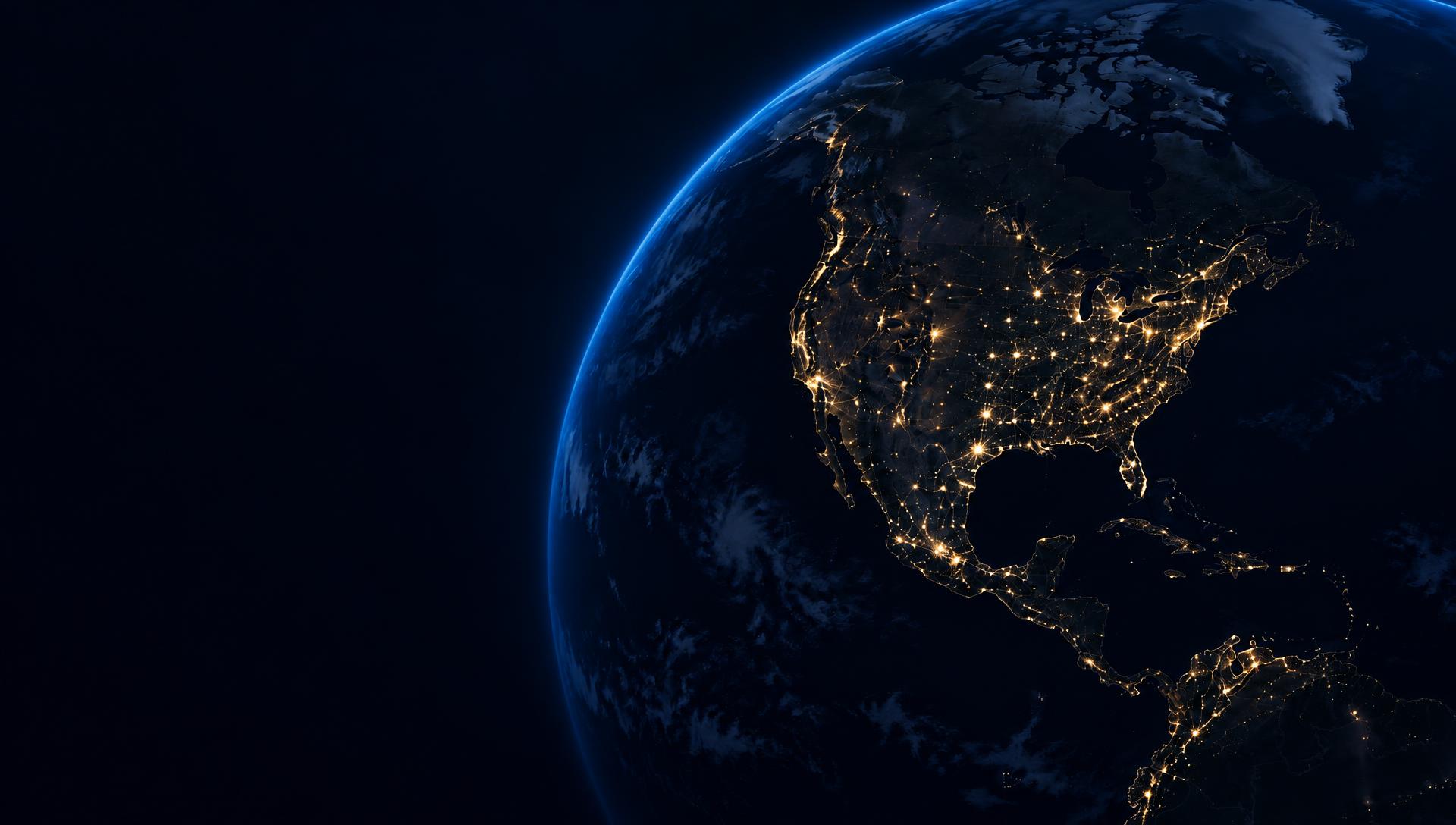 Night view of North America with glowing network connections between cities